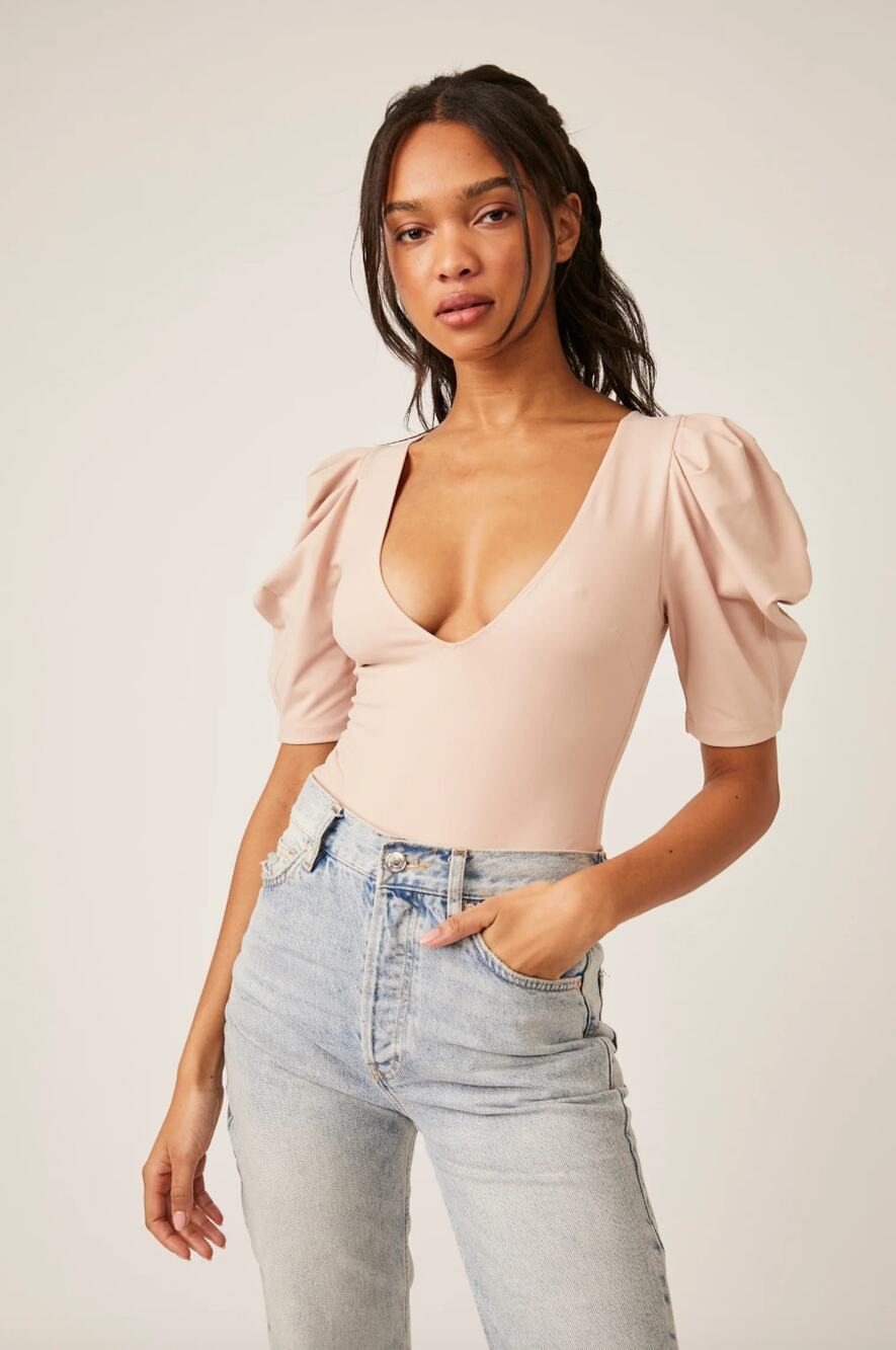 Free People VaVa Voom Bodysuit Taupe Puff Sleeve Basics Stretch Deep V XS NWT